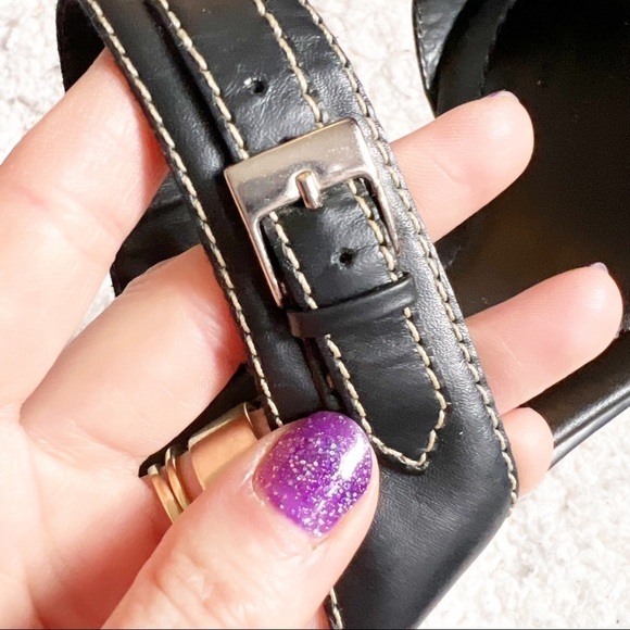 Etienne Aigner Black and Exposed Cream Stitching Buckle Slip On Sandal Heels - Picture 7 of 9